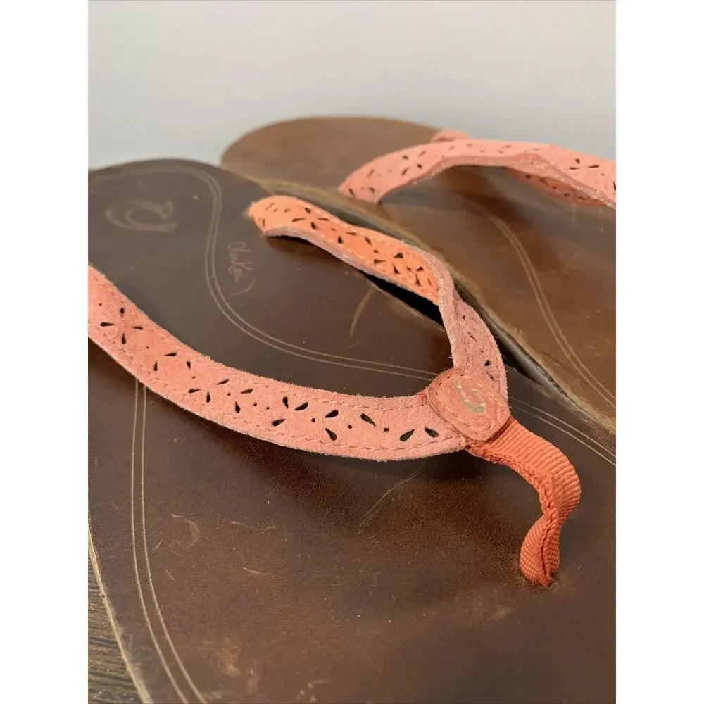 OluKai Puka Flip Flops Thong Sandals Pink/Coral Leather Women's 8 ~ Beach/Summer